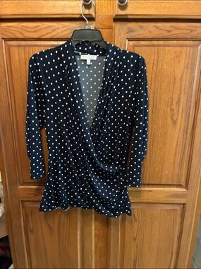 Chaus Black and White Polka Dot Faux-Wrap Long Sleeve Top size L